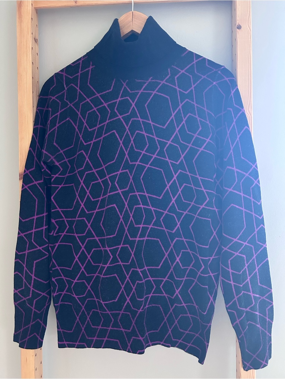 J. Crew Turtleneck Sweater in Navy Blue with Magenta Geometric Pattern Size M